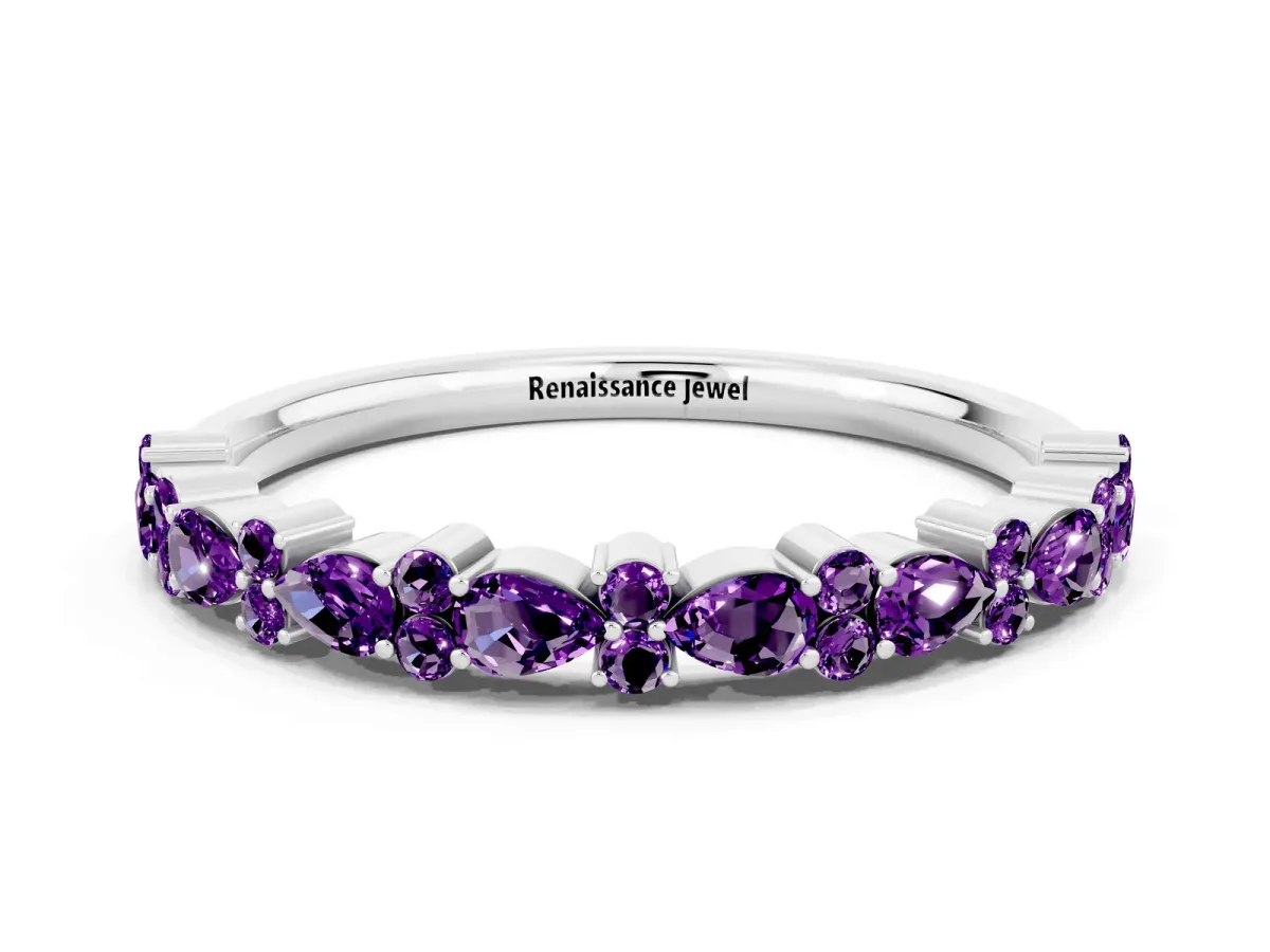 Pear and Round Amethyst Wedding Band Silver