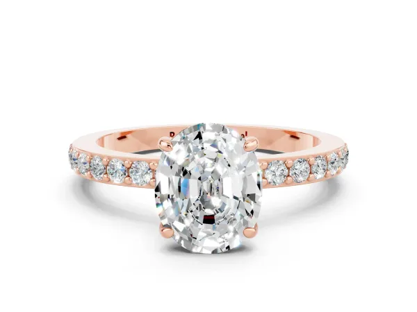 Oval Cut Moissanite Solitaire Engagement Ring with Pavé Band and Four-Prong Setting Rose gold
