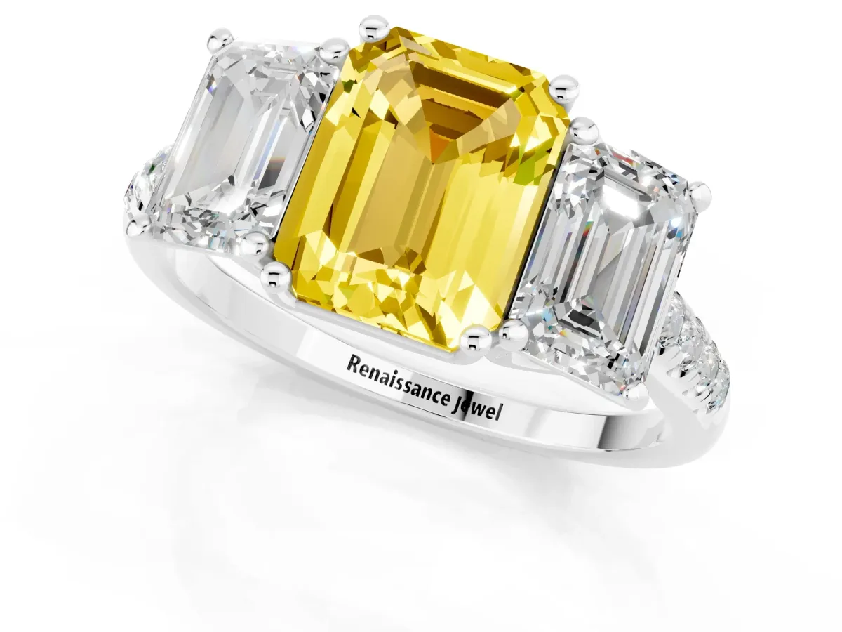 Three-Stone Emerald Cut Yellow Sapphire Ring with Round Pavé Band and Prong Setting Silver
