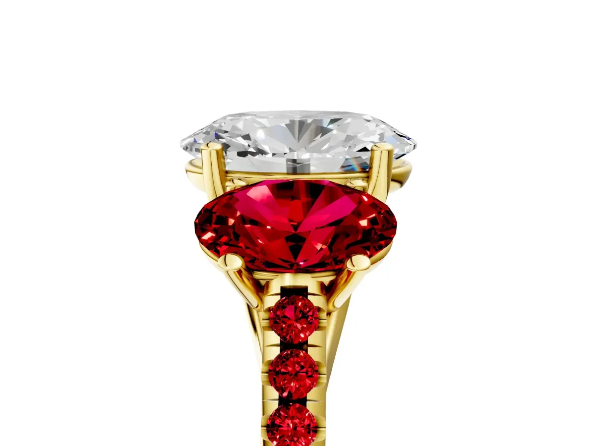 Three-Stone Oval Cut Diamond Ring with Round Ruby Pavé Band and Prong Setting Yellow gold