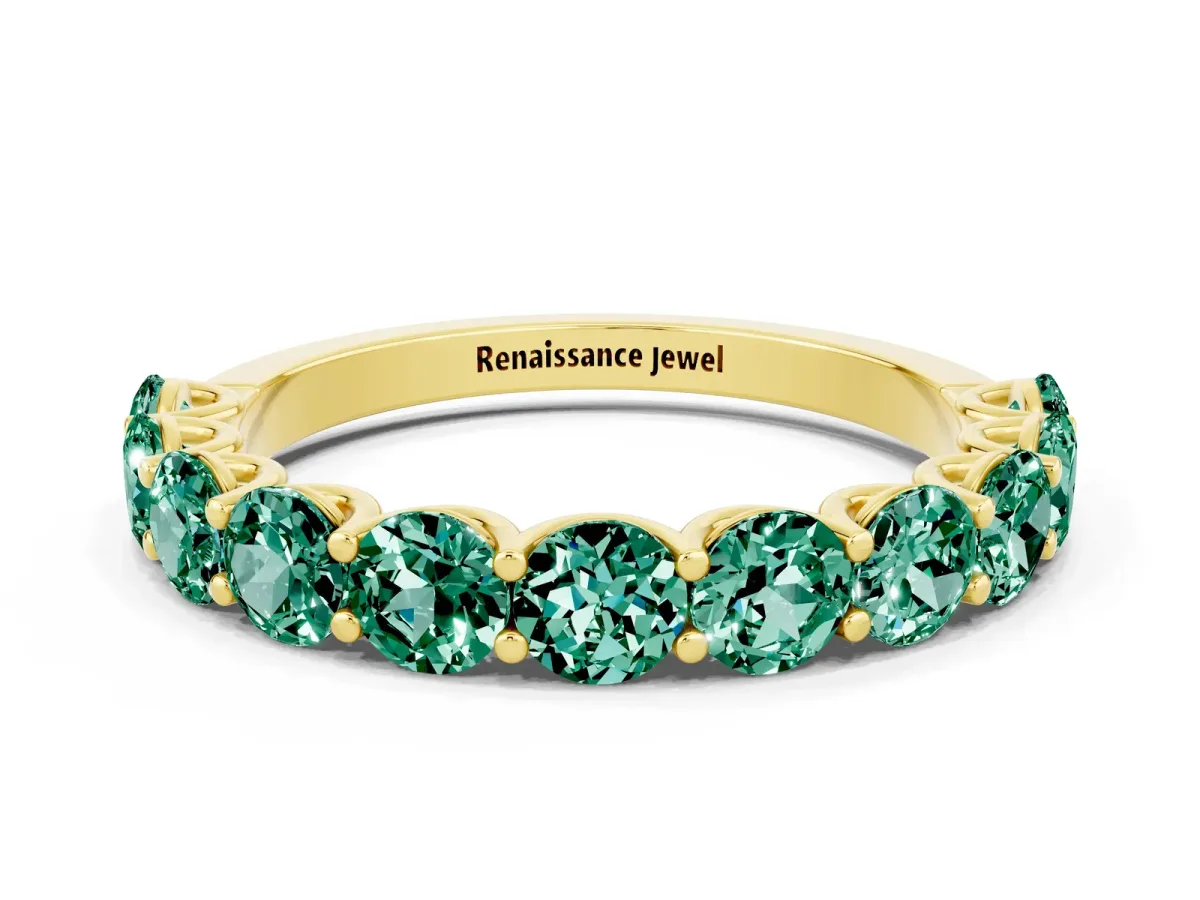 Round Green Sapphire Shared Prong Eternity Band Yellow gold