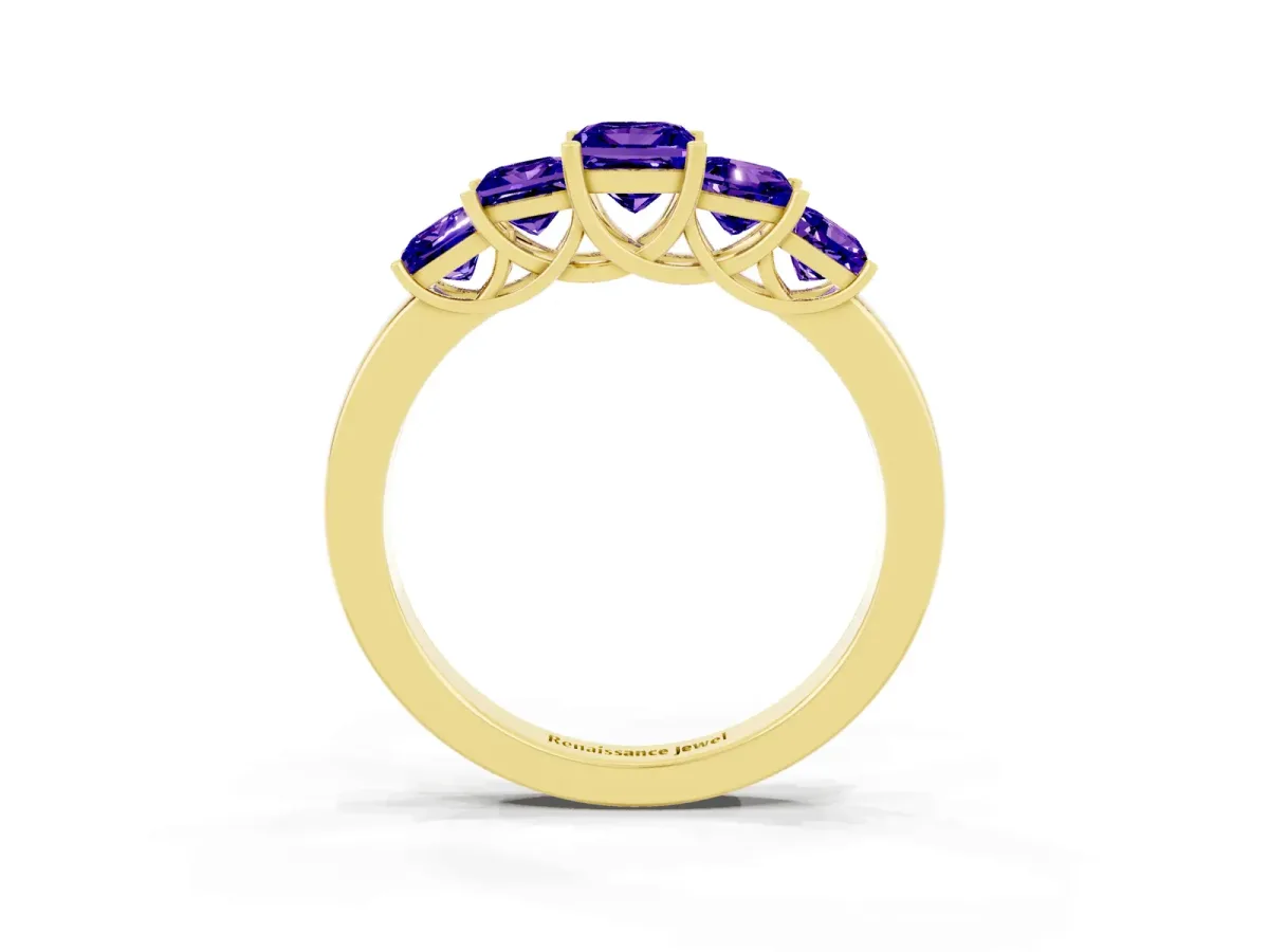 Princess Cut Five-Stone Tanzanite Ring with Classic Prong Setting Yellow gold