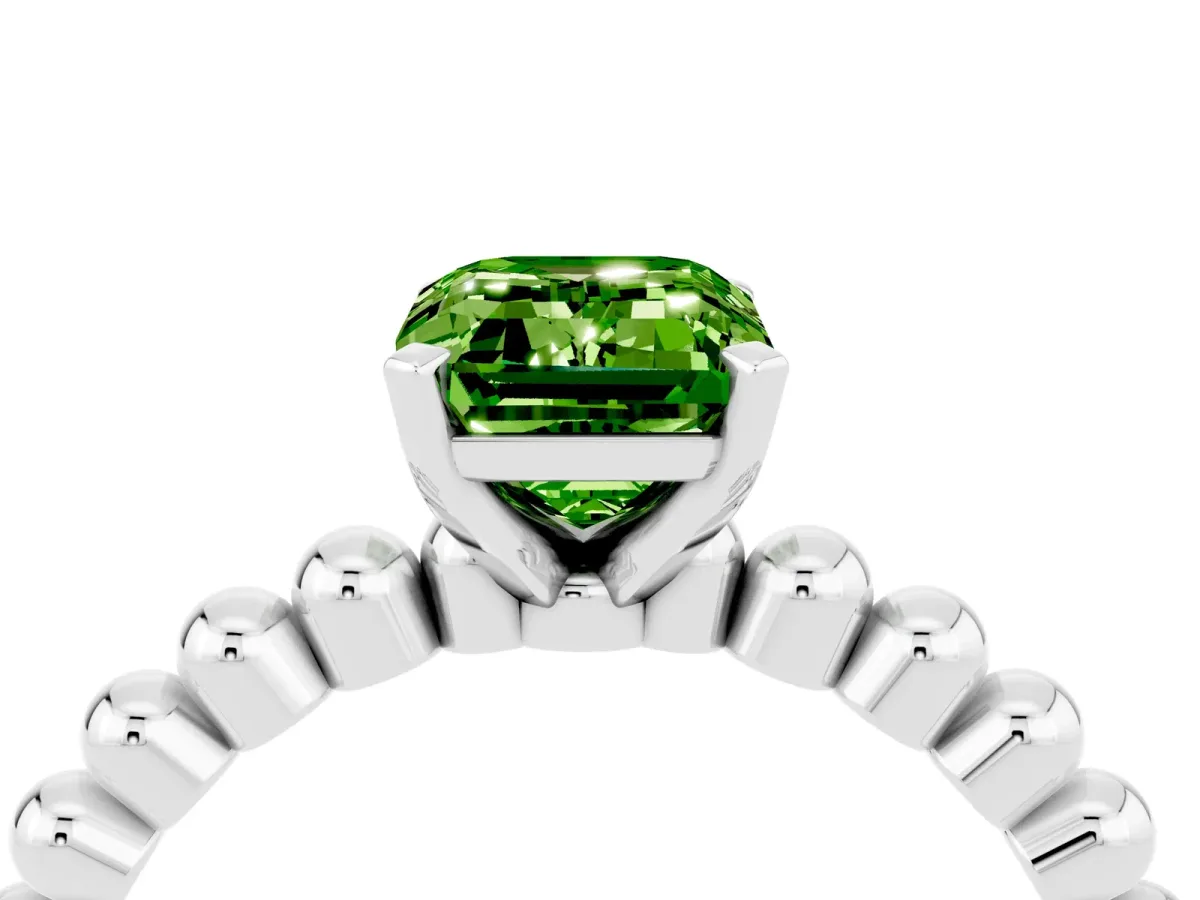Emerald Cut Peridot Solitaire Ring with Beaded Band and Prong Setting Silver