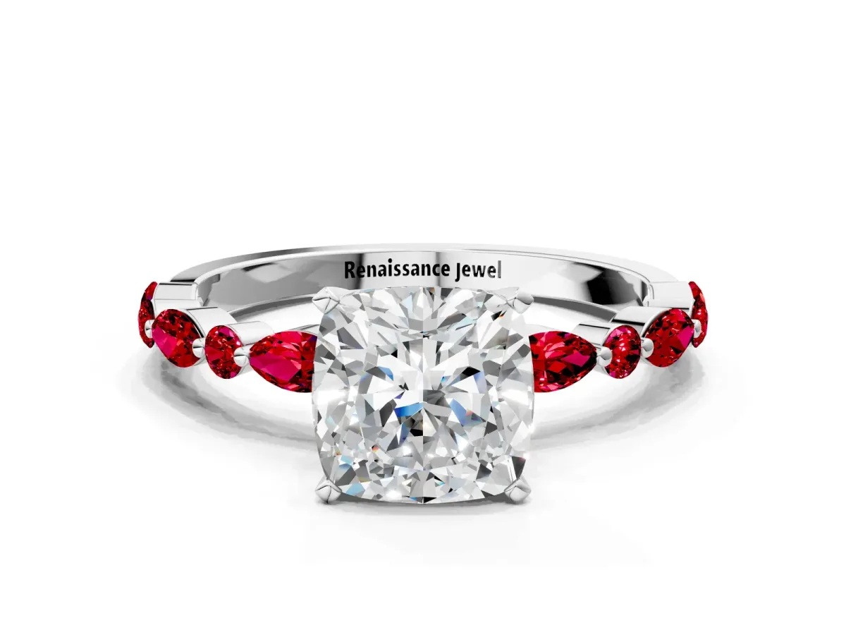 Cushion Cut Diamond Ring with Marquise and Round Ruby Side Stones and Four-Prong Setting Platinum