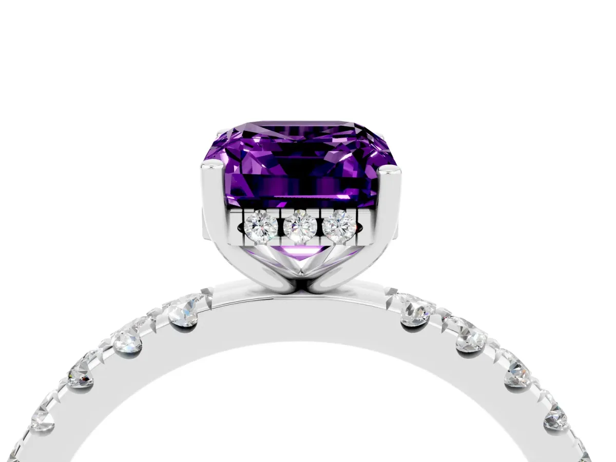 Emerald Cut Amethyst Pave Band Solitaire Ring with Round and Prong Setting Silver