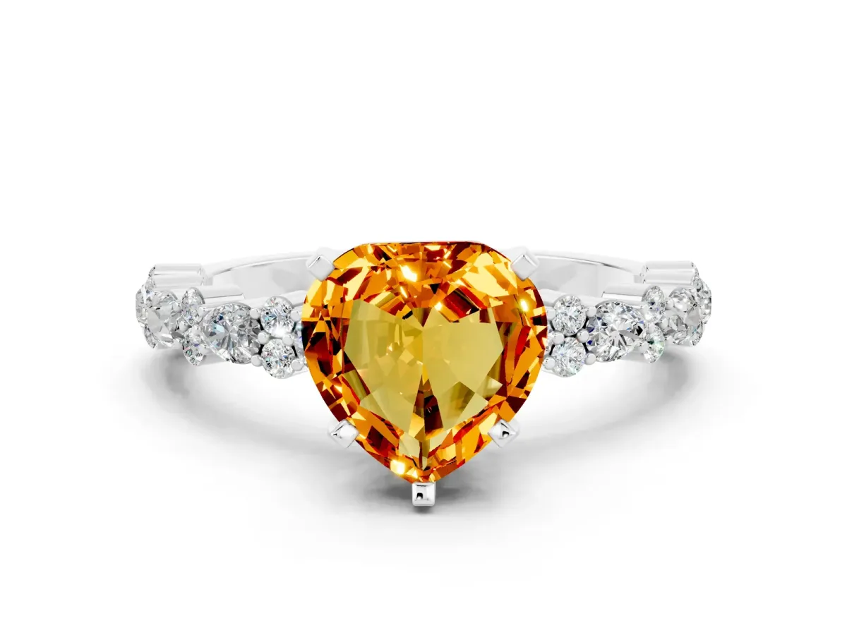 Heart Cut Citrine Side Stone Solitaire Ring with Round and Four-Prong Setting Platinum