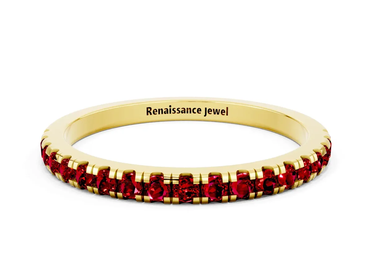 Pavé Round Ruby Half Eternity Band with Shared Prong Setting Yellow gold