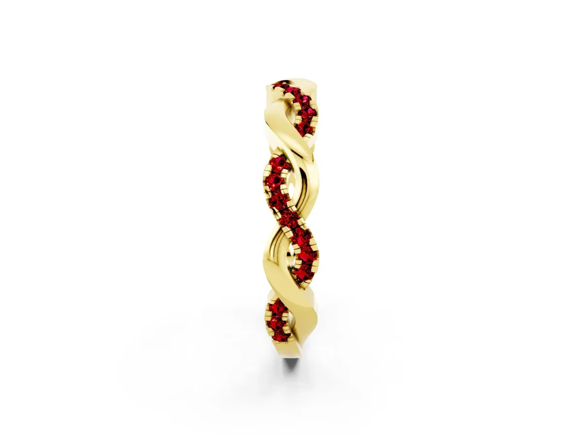 Pavé Round Ruby Twist Eternity Band with Shared Prong Setting Yellow gold