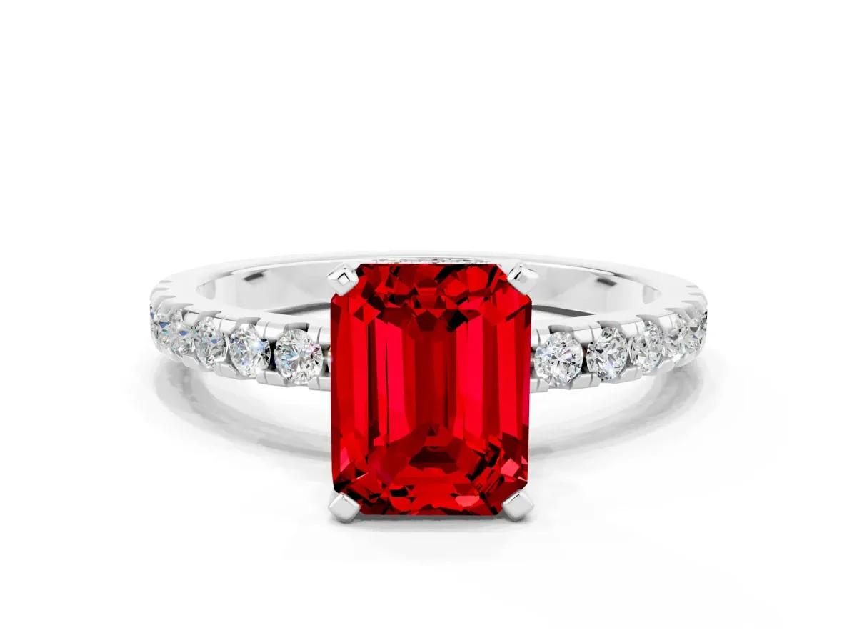 Emerald Cut Ruby Solitaire Ring with Round Pavé Band and Four-Prong Setting Silver