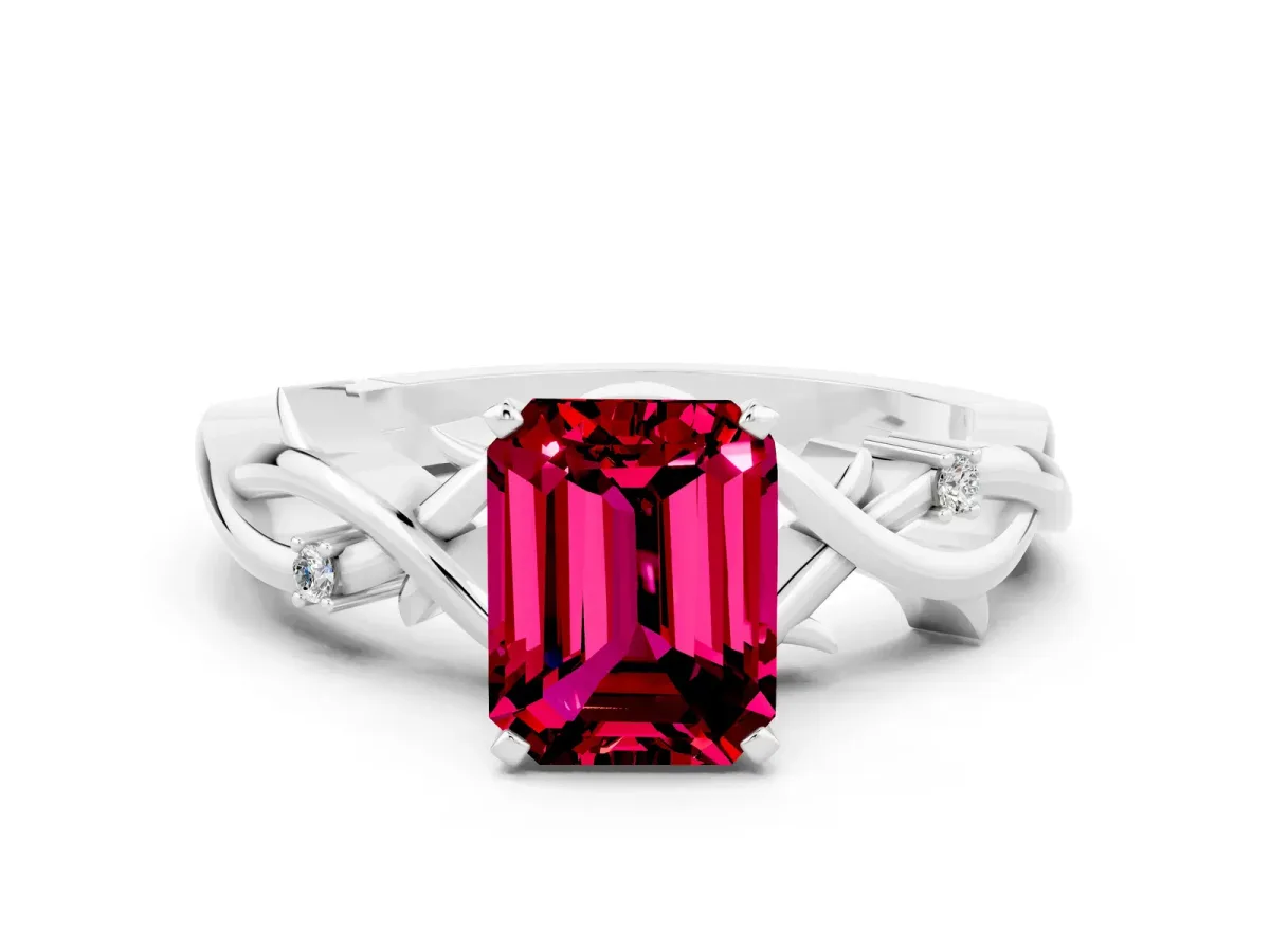 Emerald Cut Garnet Solitaire Ring with Twisted Band and Prong Setting White gold