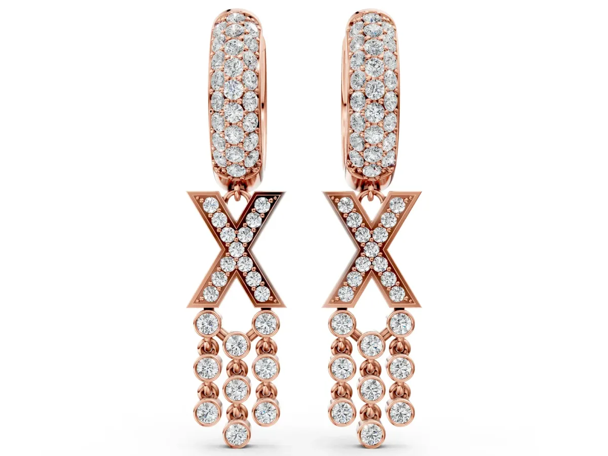Round Diamond Initial X Huggie Hoop Earrings Rose gold