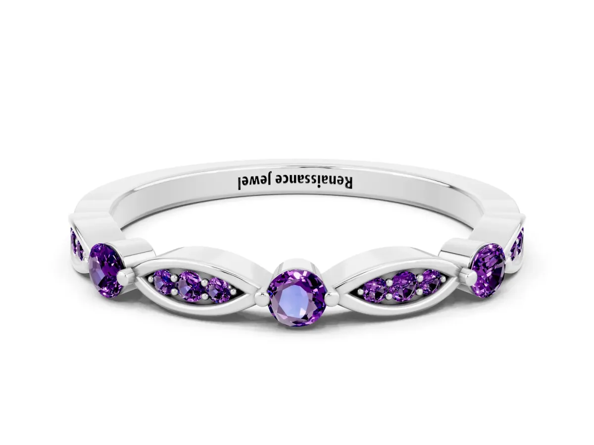 Marquise and Round Amethyst Milgrain Band with Bezel Setting Silver