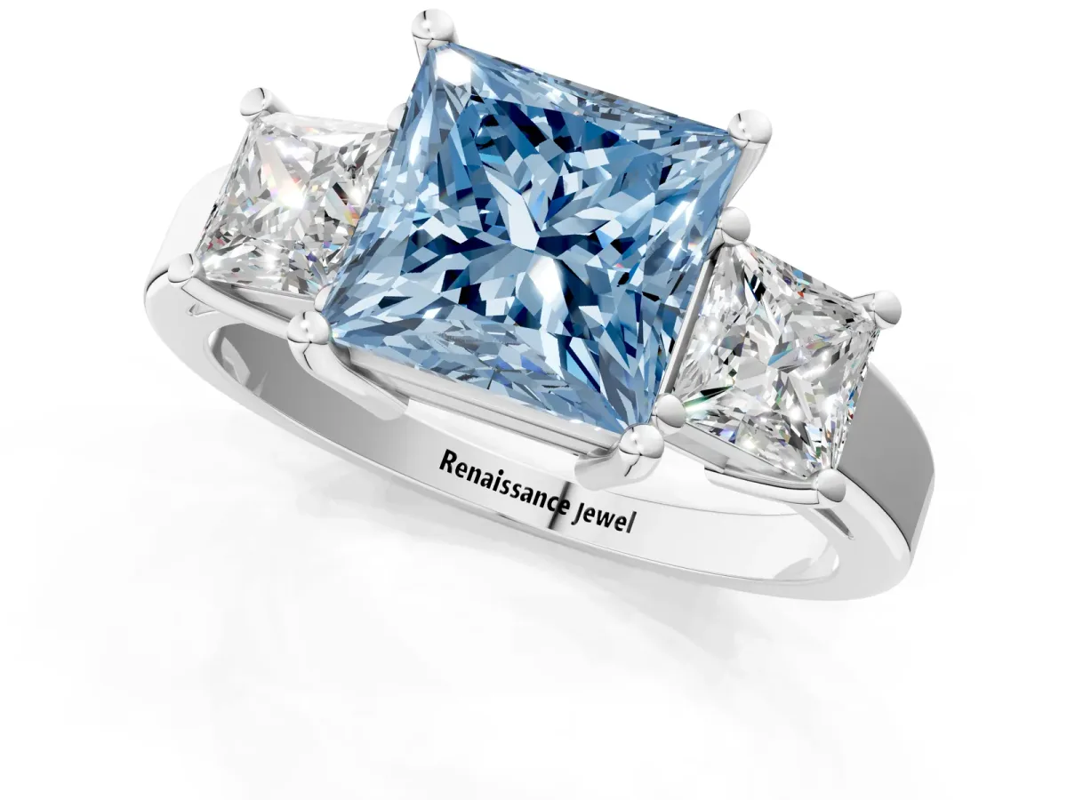 Fancy Blue Three-Stone Princess Cut Cut Solitaire Ring with Prong Setting Platinum