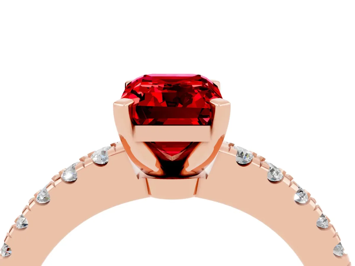 Emerald Cut Solitaire Ruby with Pavé Band and Four-Prong Setting Rose gold