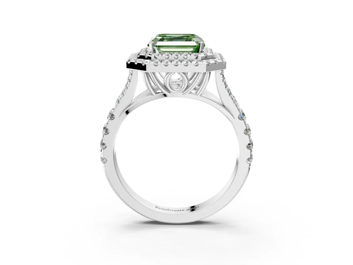 Fancy Green Asscher Cut Diamond Pavé Split Shank Double Halo Engagement Ring Platinum