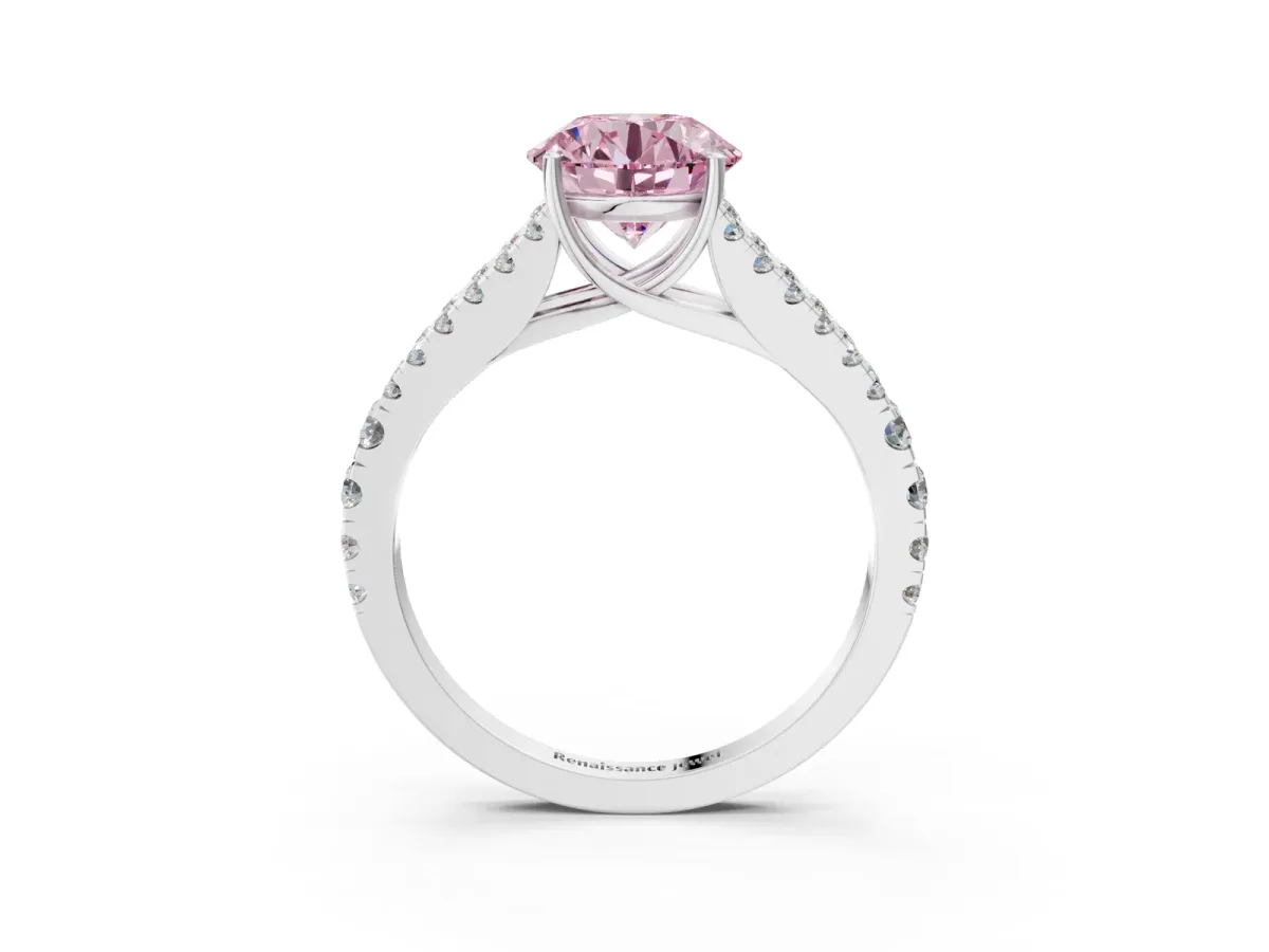 Fancy Pink Round Cut Diamond Split Shank Engagement Ring with Round Pavé and Prong Setting Platinum