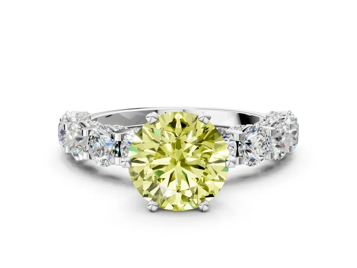 Fancy Yellow Round Cut Diamond Side Stone Engagement Ring with Four-Prong Setting White gold