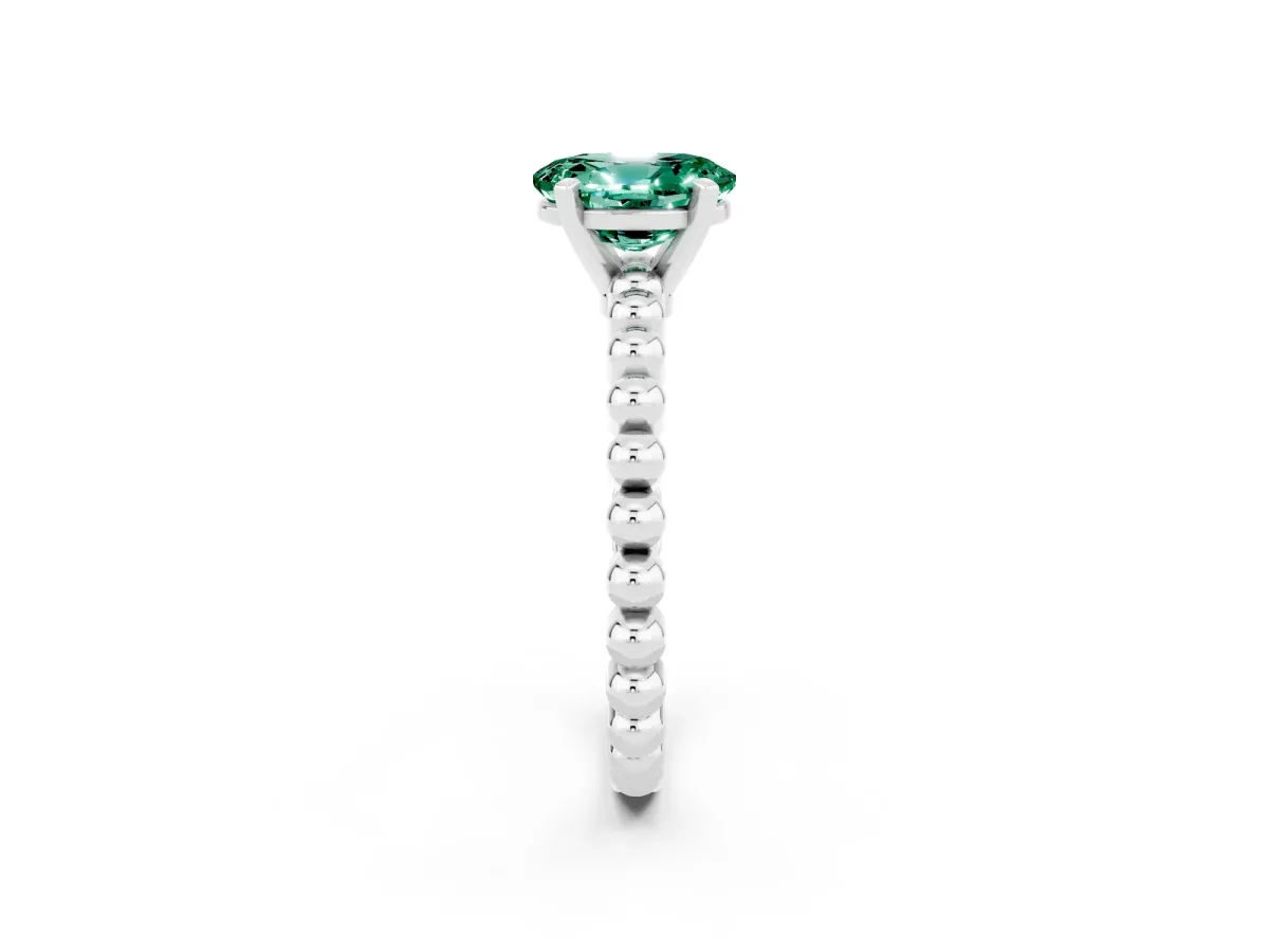 Oval Cut Green Sapphire Solitaire Ring with Beaded Band and Prong Setting Platinum