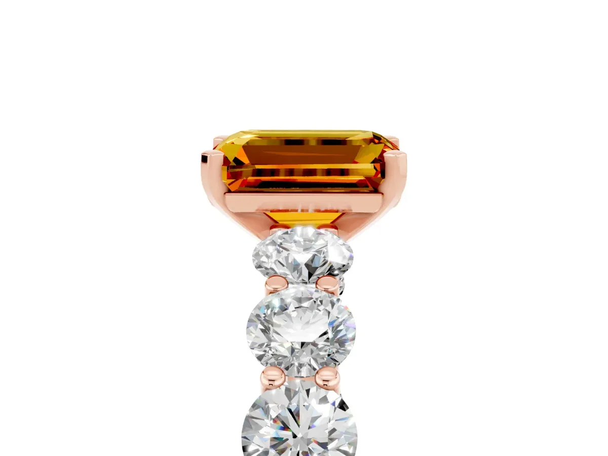 Emerald Cut Citrine Prong Setting with Side Stones on a Pave Band Rose gold