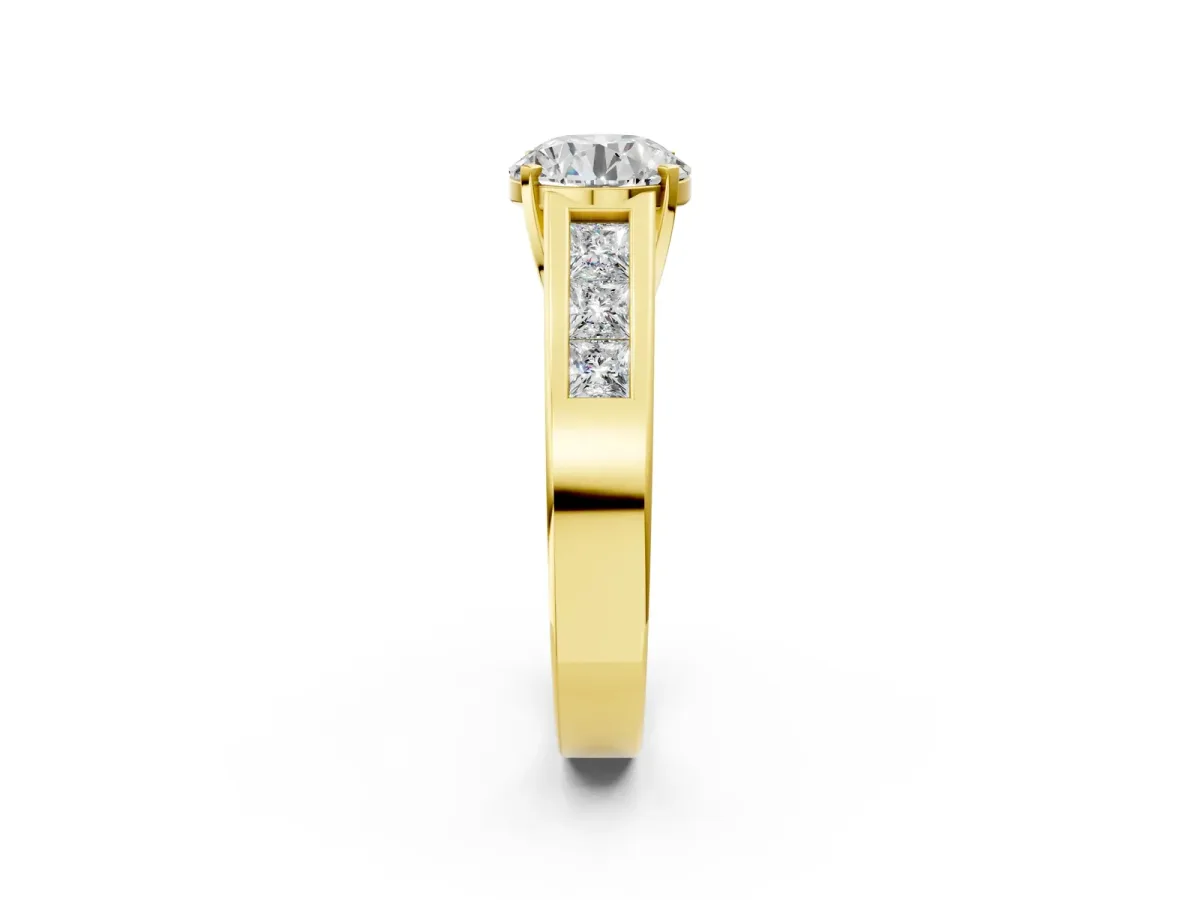 Round Cut Cut Channel Set Solitaire Ring with Four-Prong Setting Yellow gold