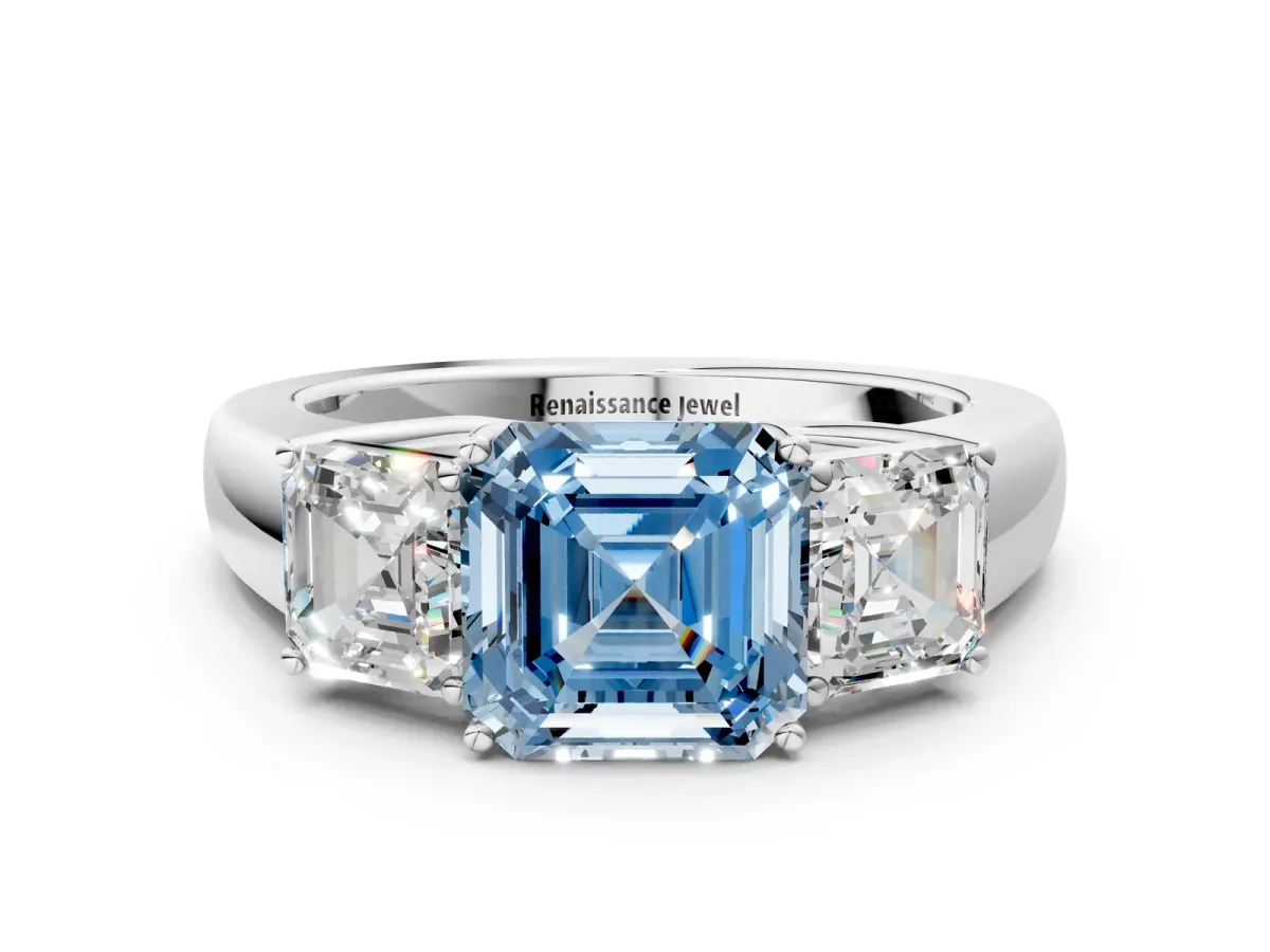 Fancy Blue Three-Stone Asscher Cut Cut Diamond Ring with Prong Setting and Classic Band Platinum