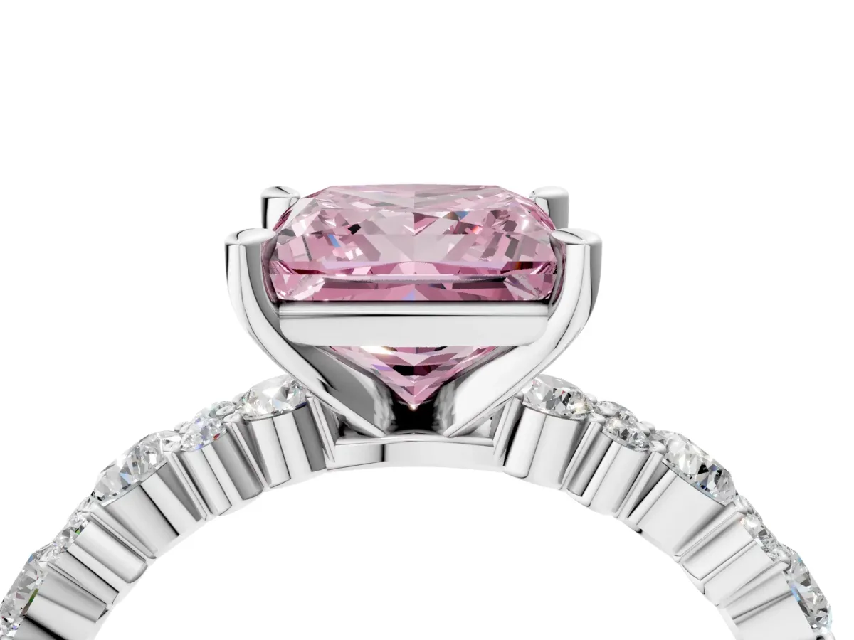 Fancy Pink Princess Cut Diamond Side Stone Solitaire Ring with Round and Four-Prong Setting Silver