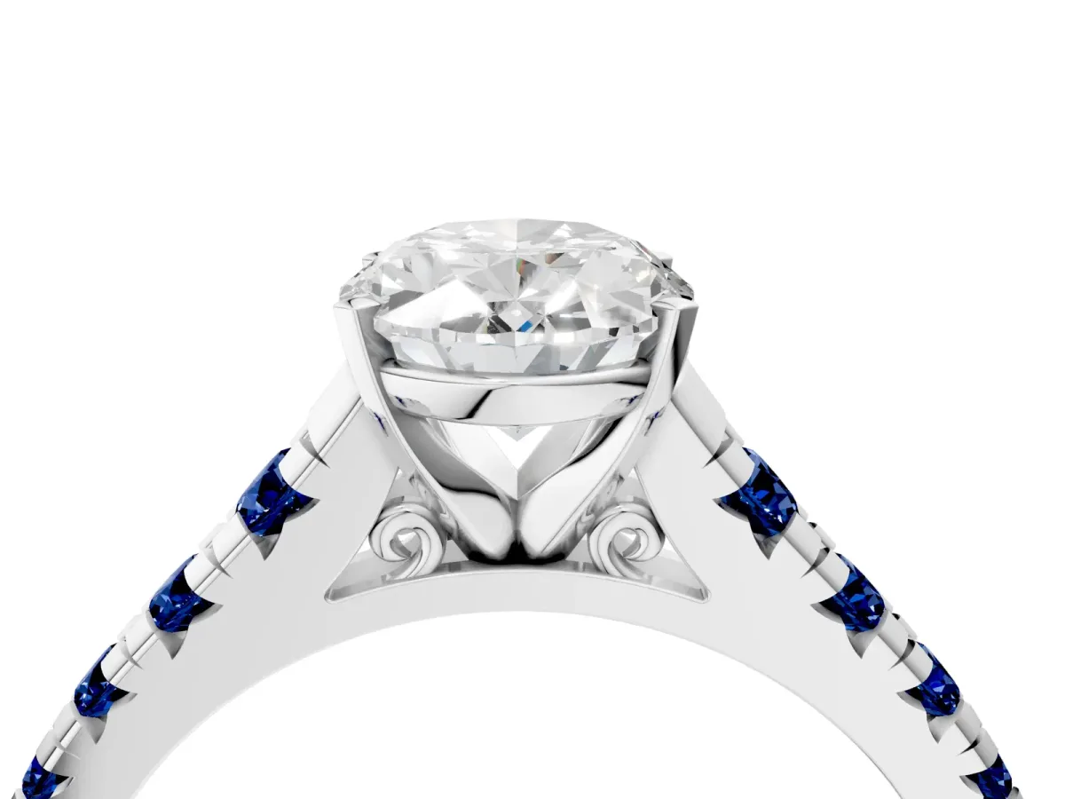 Oval Cut Diamond Cathedral Solitaire Ring with Round Blue Sapphire Pavé Band Silver