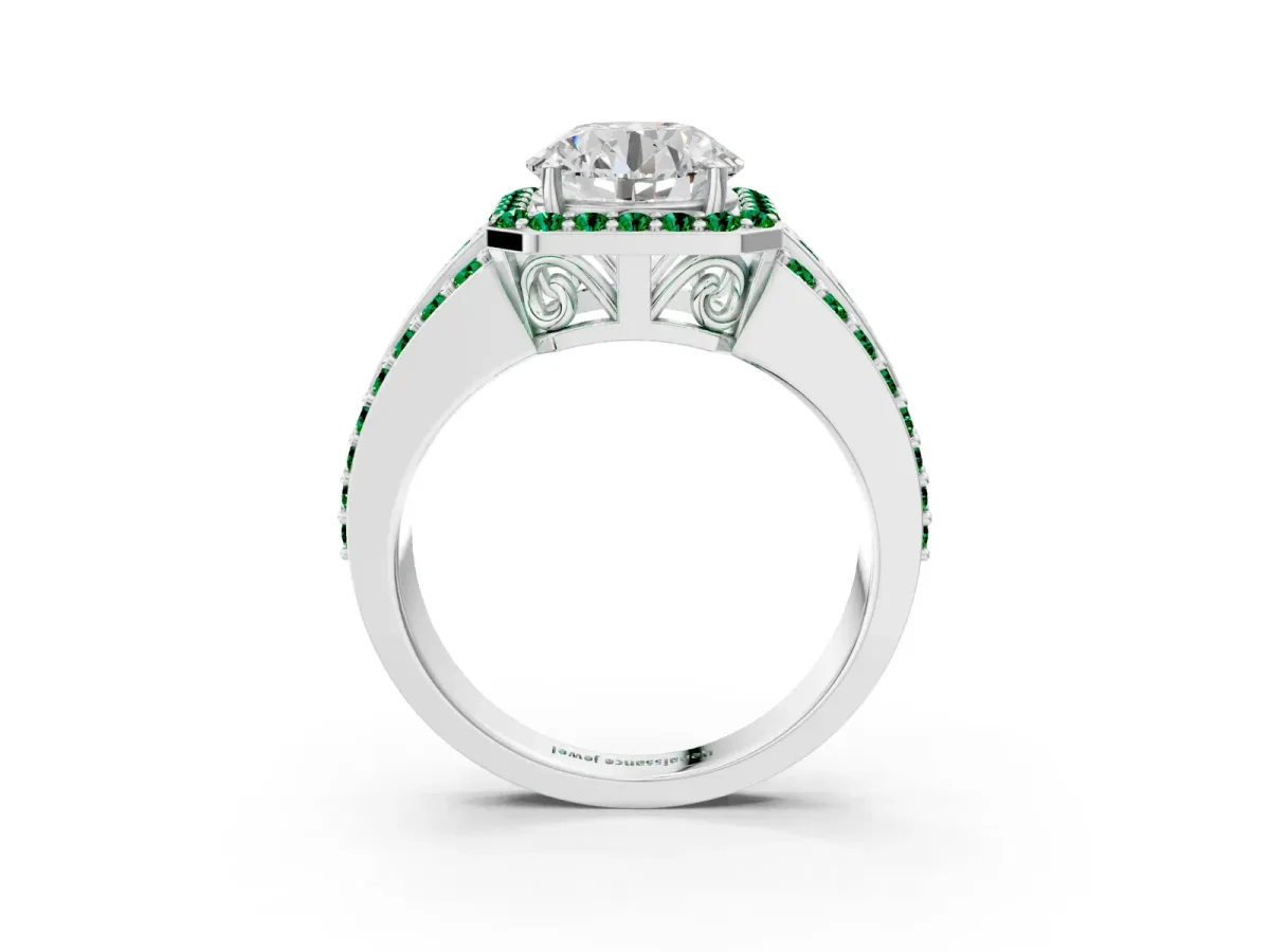 Round Cut Halo Diamond Ring with Round Emerald Split Shank and Prong Setting White gold