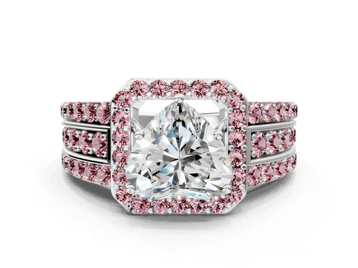 Heart Cut Halo Diamond Ring with Round Morganite Split Shank and Prong Setting Silver