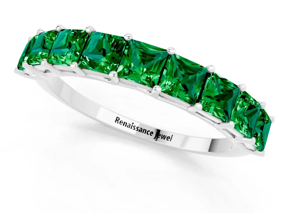 Princess Cut Emerald Channel-Set Eternity Band with Prong Setting Silver