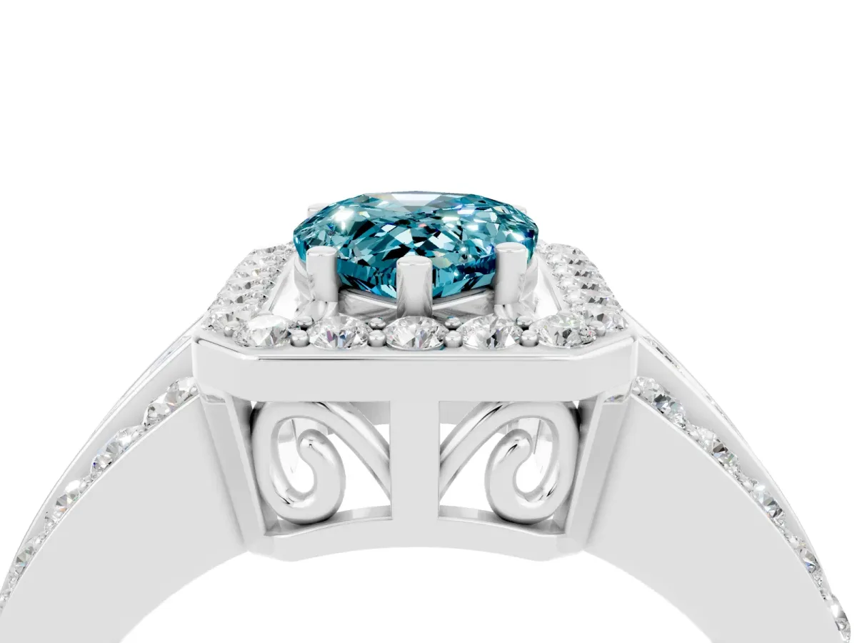 Pear Cut Halo Blue Topaz Ring with Round Split Shank and Prong Setting Silver