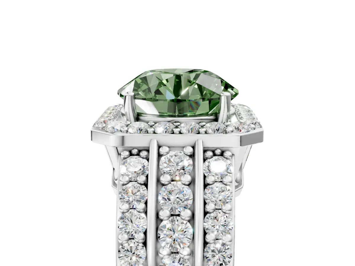 Fancy Green Round Cut Halo Diamond Ring with Round Split Shank and Prong Setting Platinum