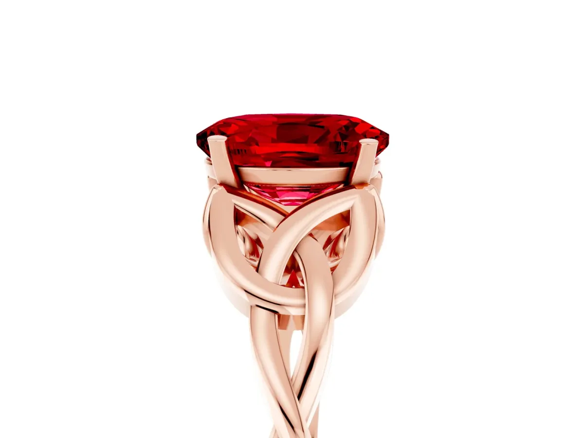 Oval Cut Ruby Solitaire Engagement Ring with Celtic Knot Band and Four-Prong Setting Rose gold