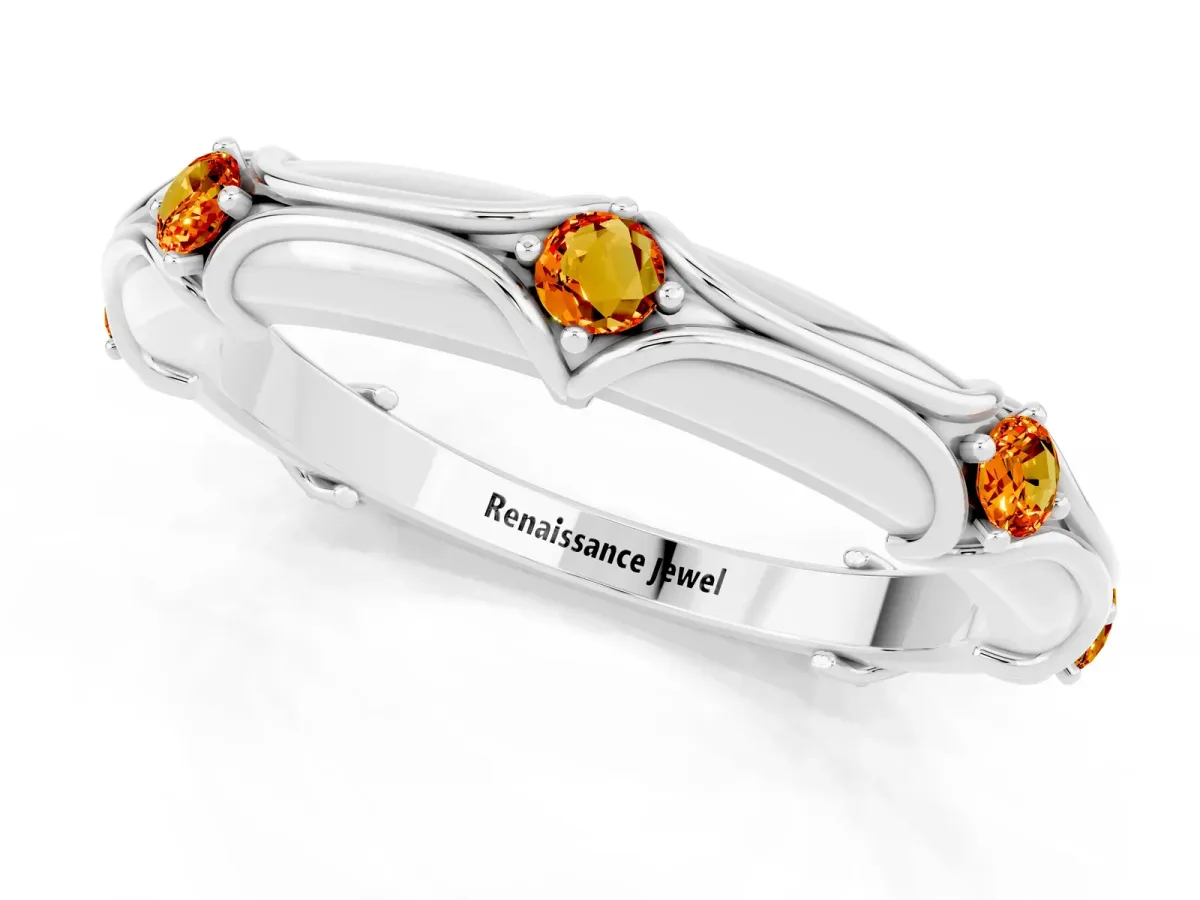 Round Citrine Prong Set Milgrain Eternity Band Silver