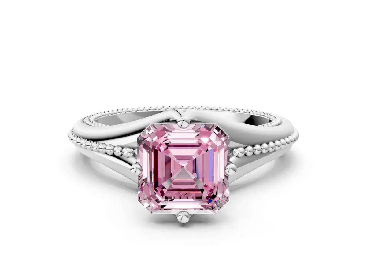 Fancy Pink Asscher Cut Solitaire Beaded Band Six-Prong Setting Platinum