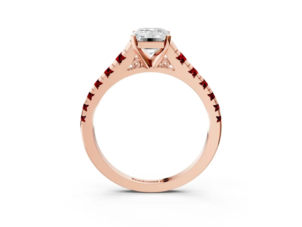 Emerald Cut Diamond Cathedral Solitaire Ring with Round Ruby Pavé Band Rose gold