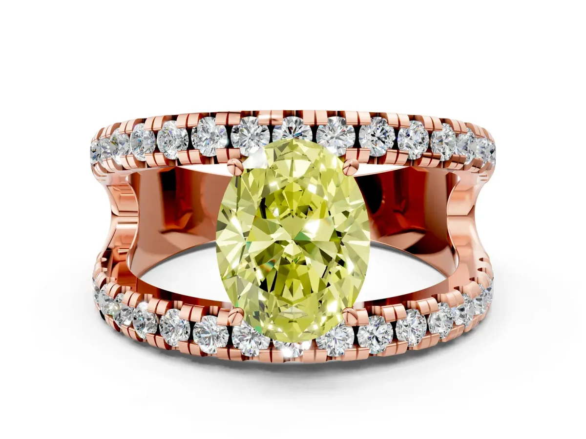 Fancy Yellow Oval Cut Solitaire Split Shank Pave Diamond Ring Rose gold