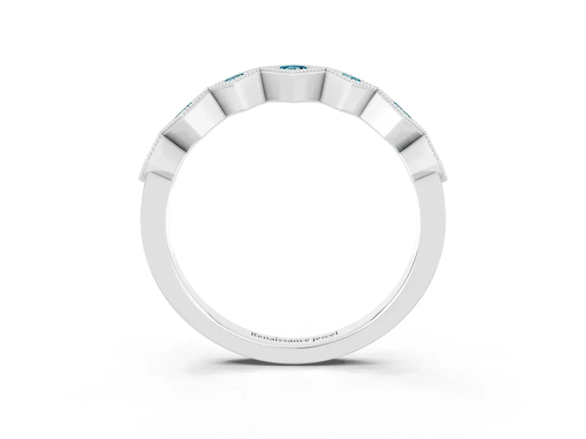 Milgrain Square Bezel Round Blue Topaz Chevron Band White gold