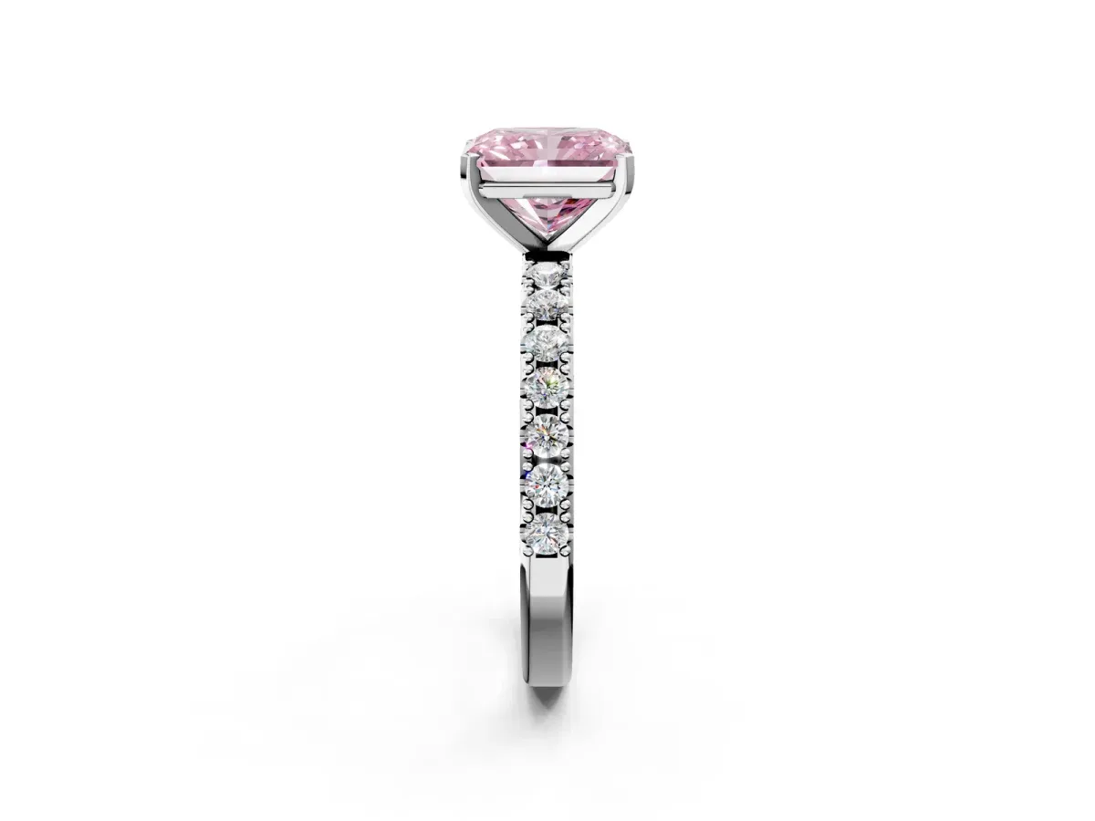 Fancy Pink Radiant Cut Diamond Solitaire Pavé Band with Four-Prong Setting Silver