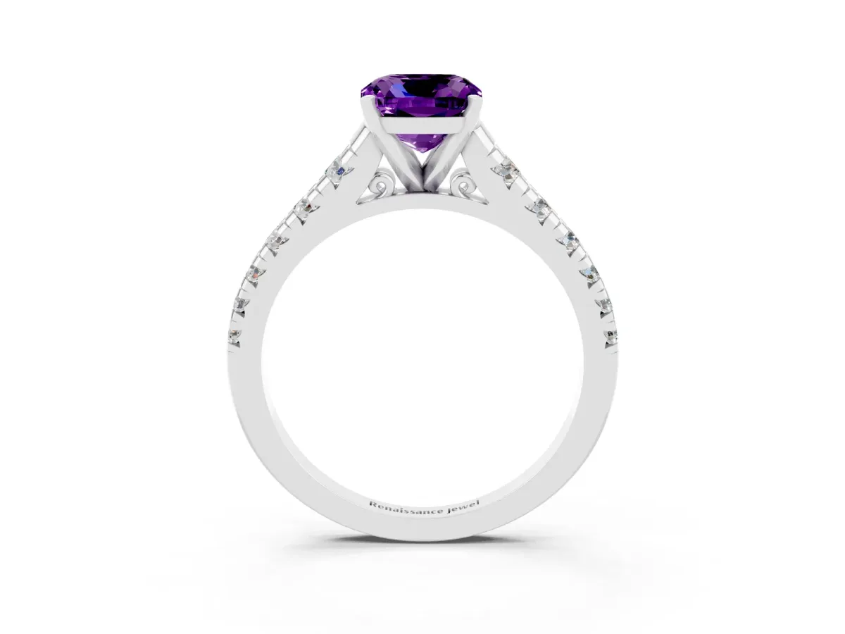 Cushion Cut Amethyst Cathedral Solitaire Ring with Round Pavé Band Silver