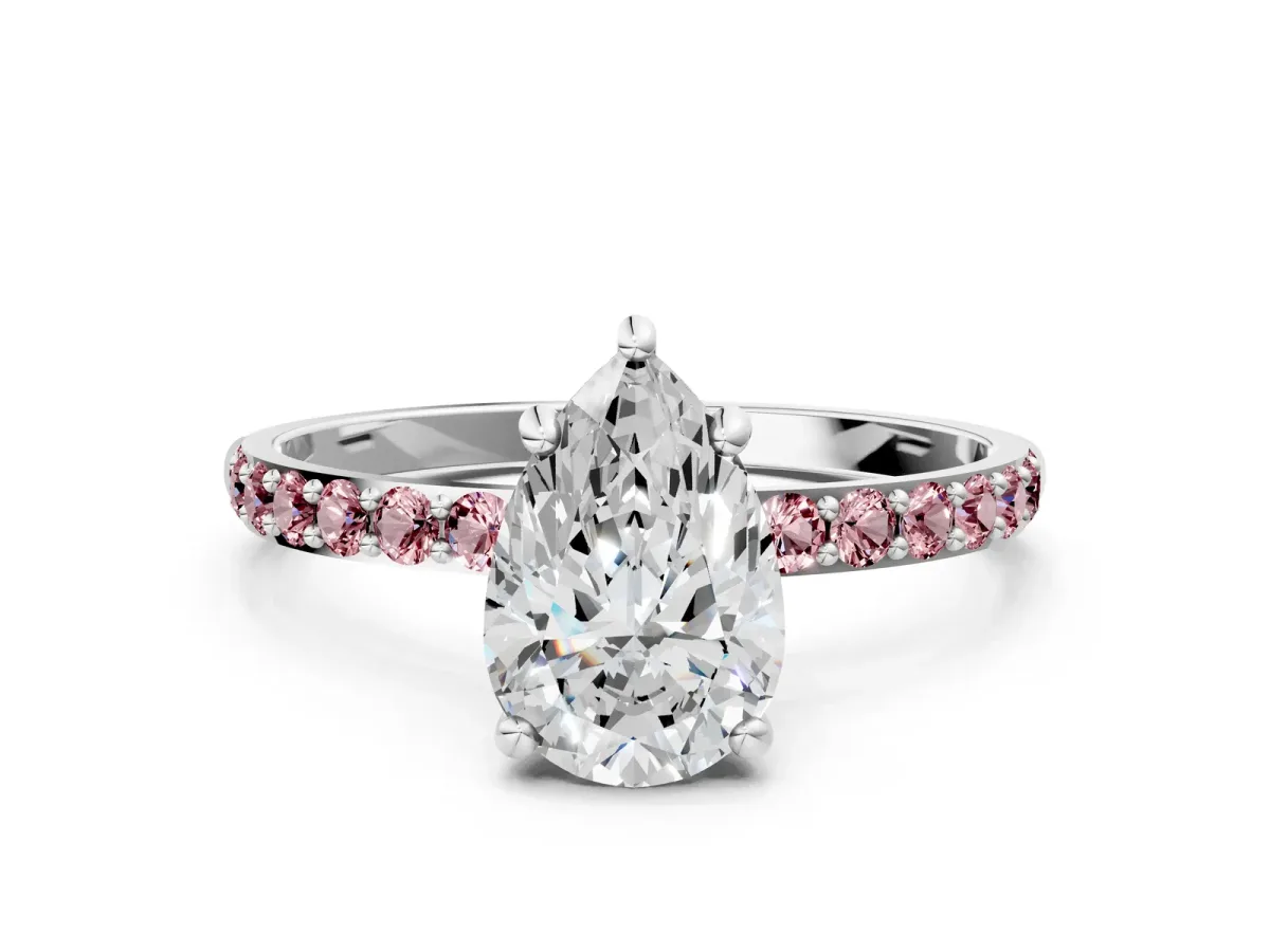 Pear Cut Diamond Solitaire Ring with Round Morganite Pavé Band and Prong Setting Silver