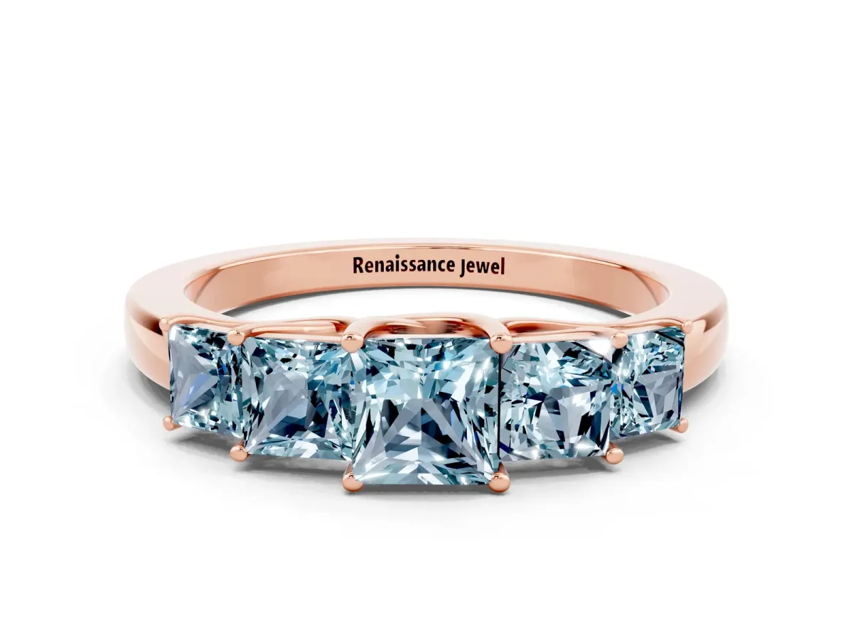 Princess Cut Five-Stone Aquamarine Ring with Classic Prong Setting Rose gold