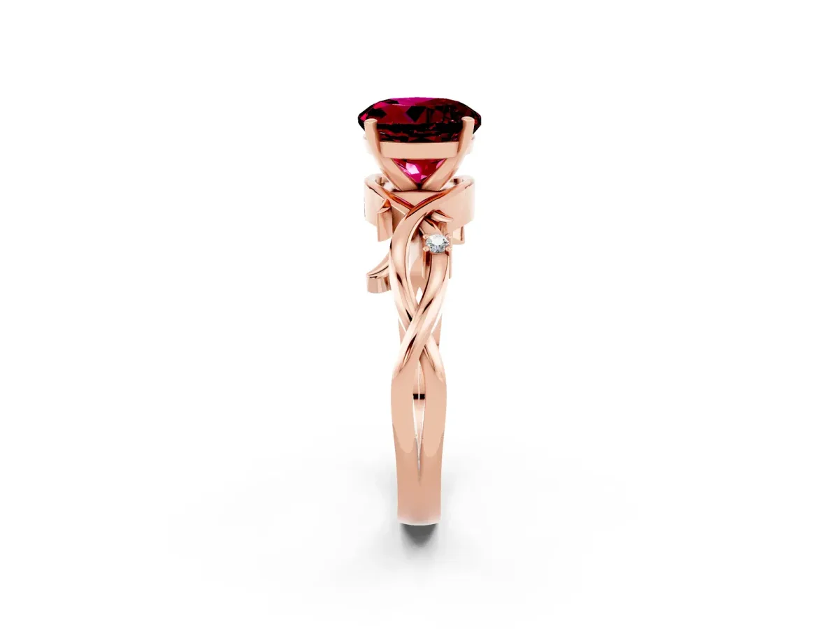 Round Cut Garnet Solitaire Ring with Twisted Band and Prong Setting Rose gold