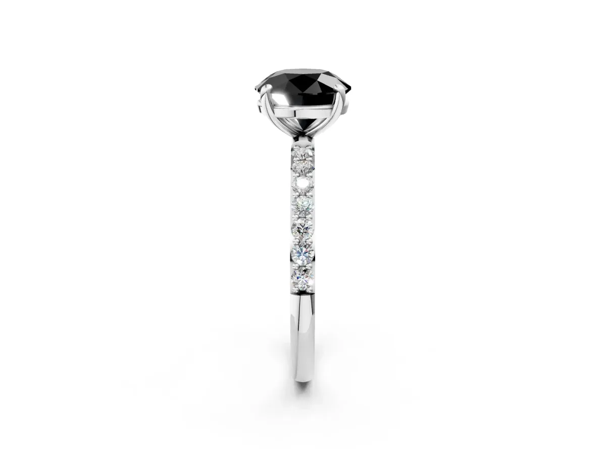 Fancy Black Round Cut Diamond Solitaire Ring with Round Pavé Band and Prong Setting Silver