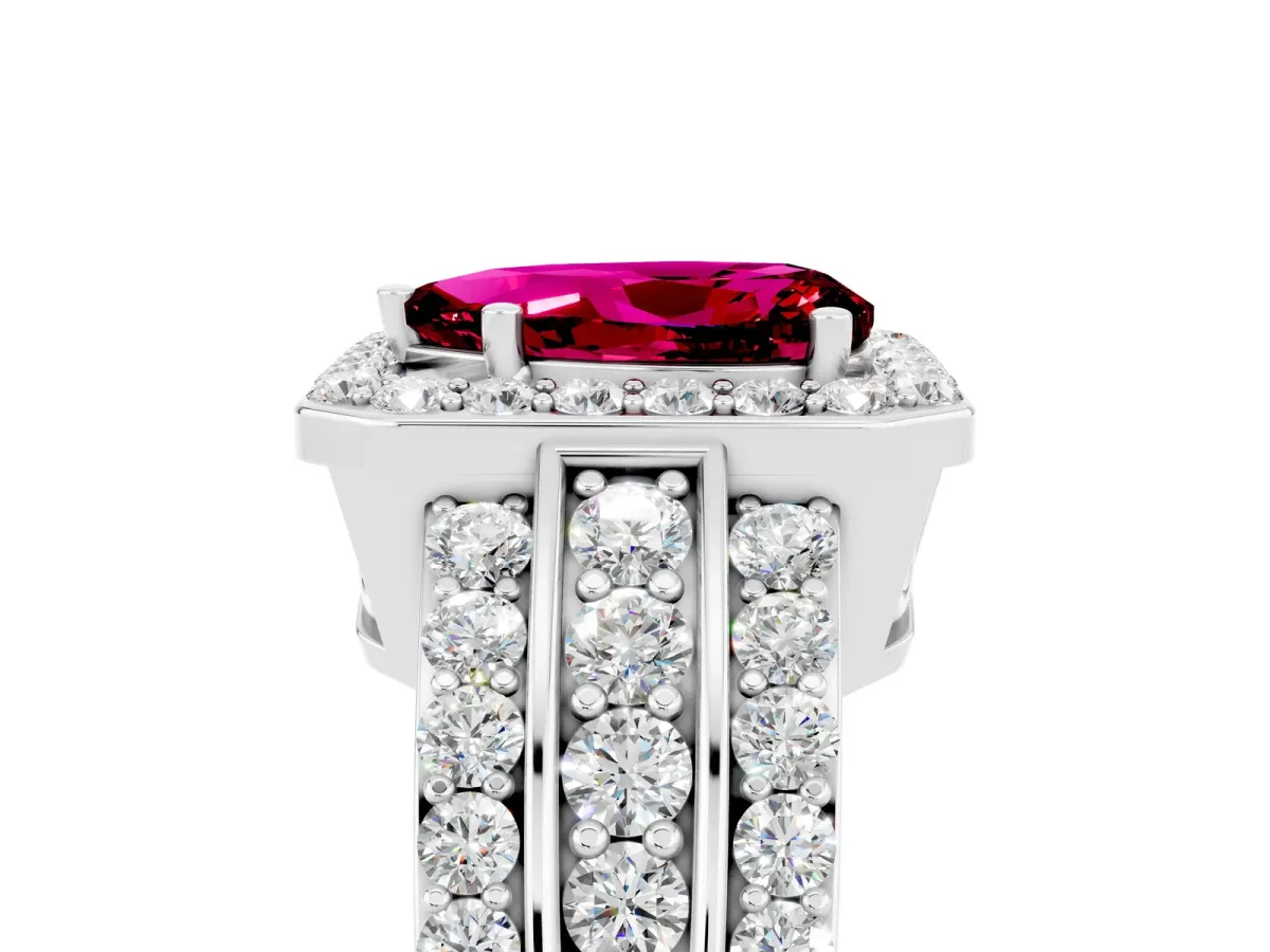 Pear Cut Halo Garnet Ring with Round Split Shank and Prong Setting White gold