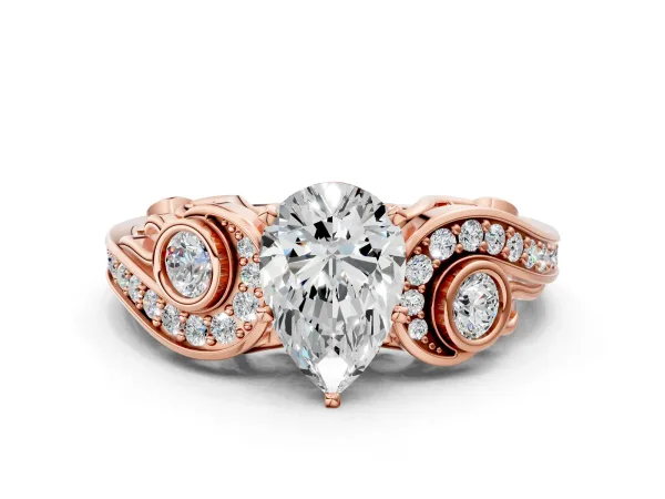 Pear Cut Diamond Solitaire Ring with Milgrain Pavé Band and Four-Prong Setting Rose gold