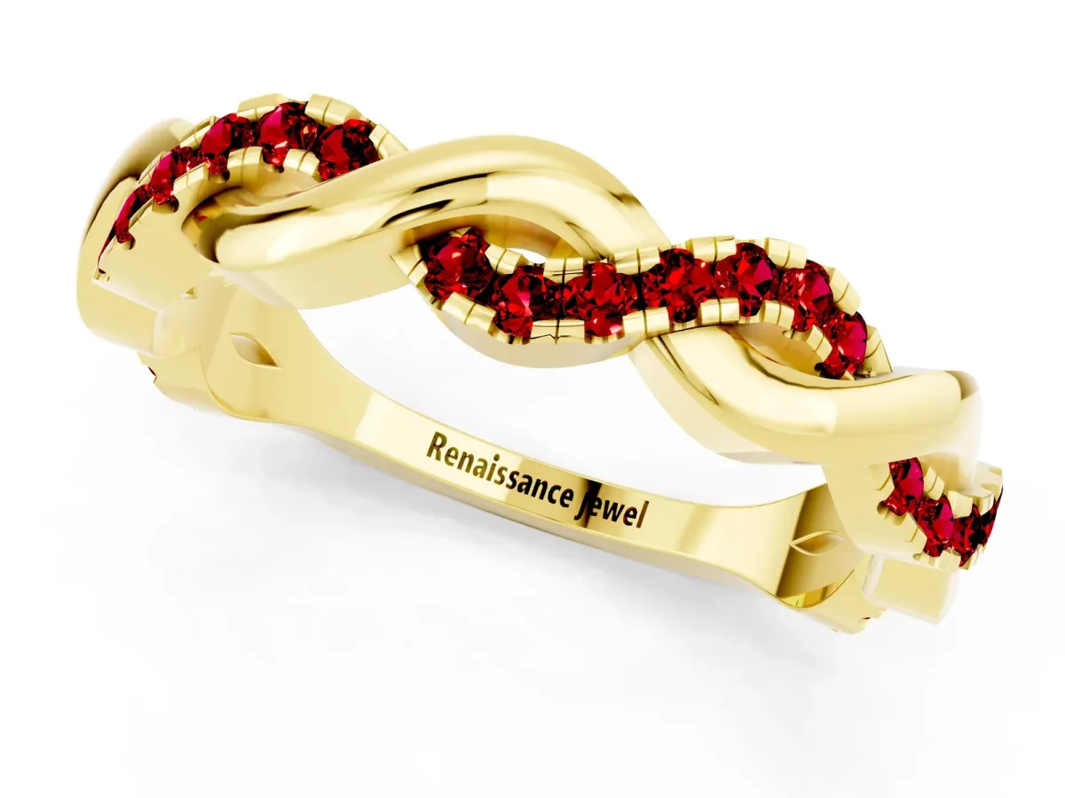 Pavé Round Ruby Twist Eternity Band with Shared Prong Setting Yellow gold
