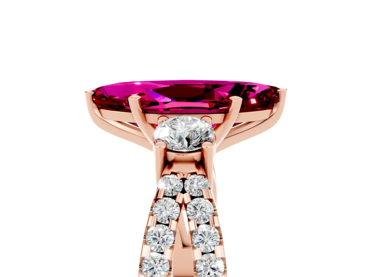 Marquise Cut Garnet Three-Stone Ring with Pavé Split Shank and Four-Prong Setting Rose gold