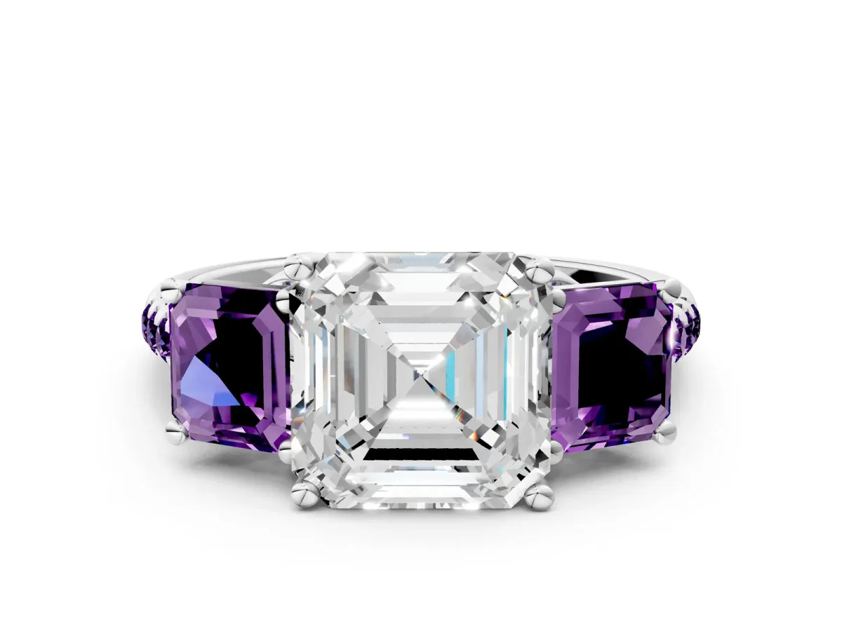 Three-Stone Asscher Cut Diamond Ring with Round Amethyst Pavé Band and Prong Setting Silver
