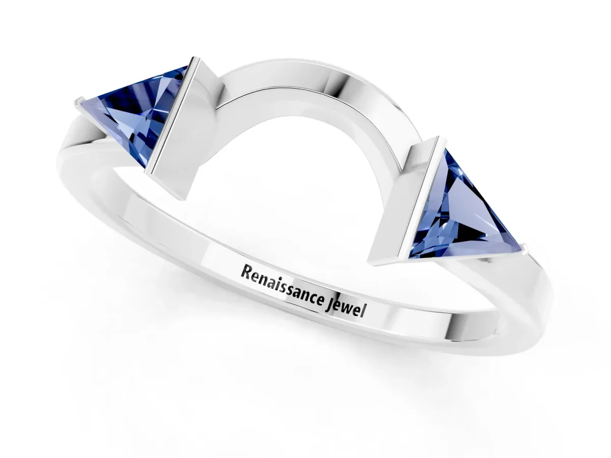 Trillion Blue Sapphire Open Band Ring with Bezel Setting Platinum
